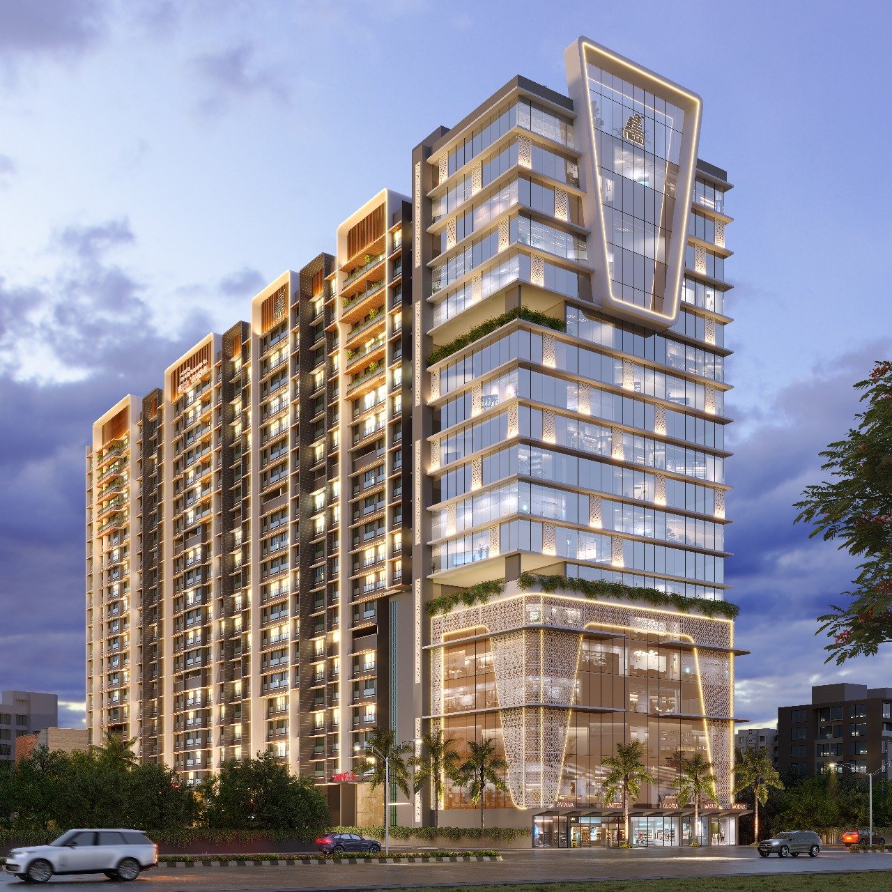 Mixed-use redevelopment tower evening render